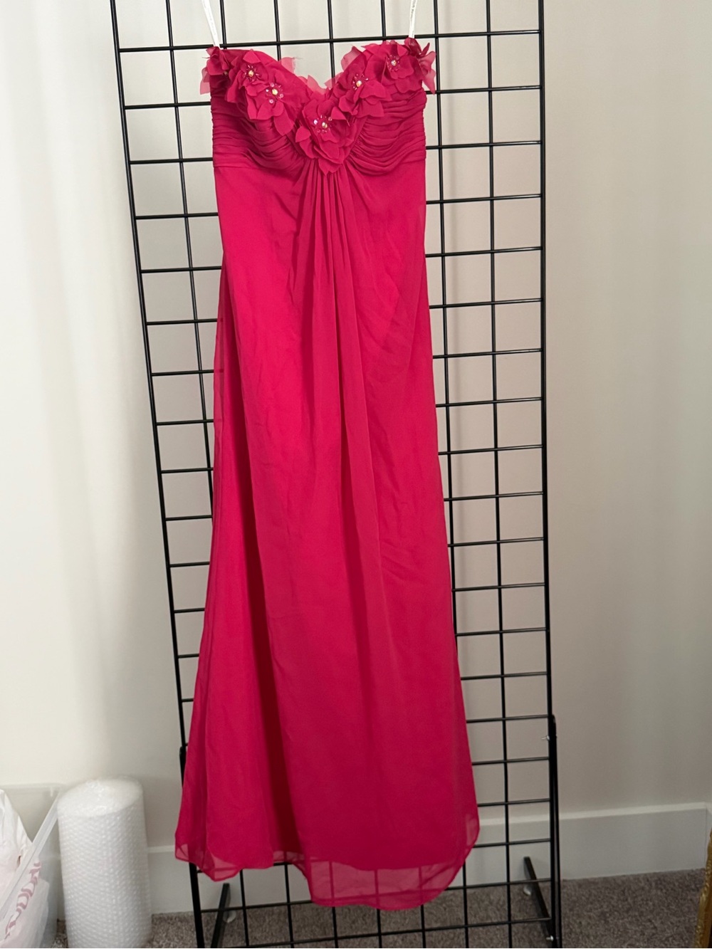 David's Bridal Hot Pink Strapless Floral-Appliqué Maxi Dress